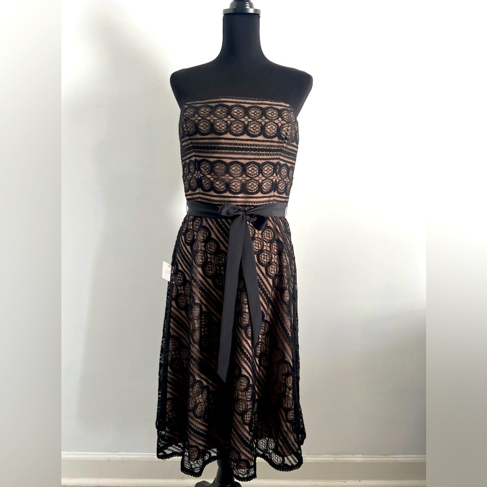 LOFT Fully Lined Black Lace and Tan Underlay Strapless Cocktail Dress, Sz 10